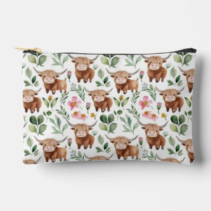 Cute Highland Cows & Pink Flowers Pattern Floral Accessory Pouch