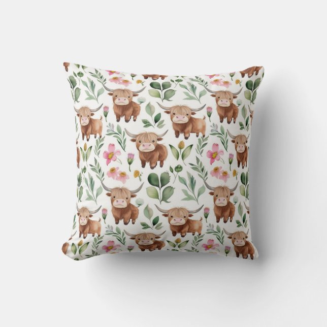 Cute Highland Cows & Pink Flowers Pattern Floral Cushion (Front)