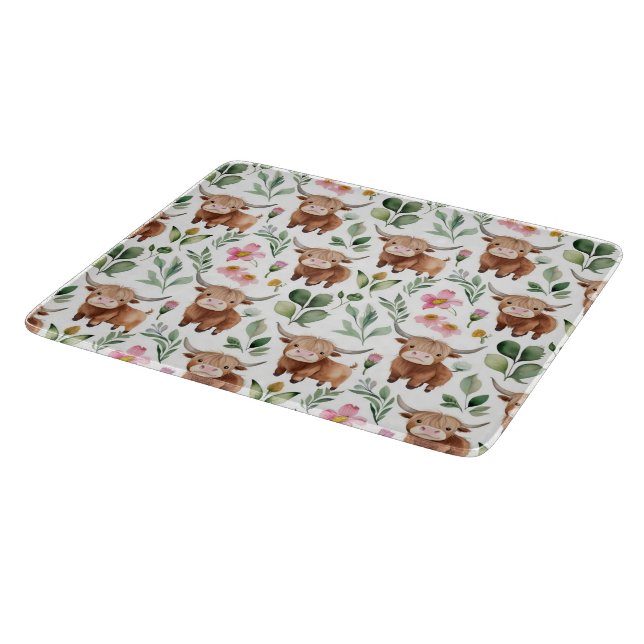 Cute Highland Cows & Pink Flowers Pattern Floral Cutting Board (Corner)