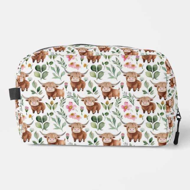 Cute Highland Cows & Pink Flowers Pattern Floral Dopp Kit (Front)