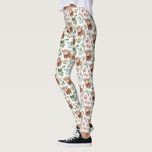 Cute Highland Cows & Pink Flowers Pattern Floral Leggings (Left)