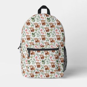 Cute Highland Cows & Pink Flowers Pattern Floral Printed Backpack