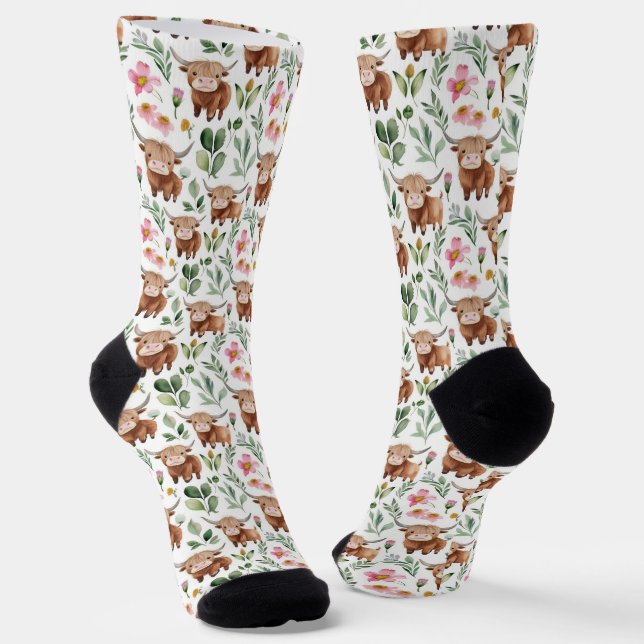 Cute Highland Cows & Pink Flowers Pattern Floral Socks (Angled)