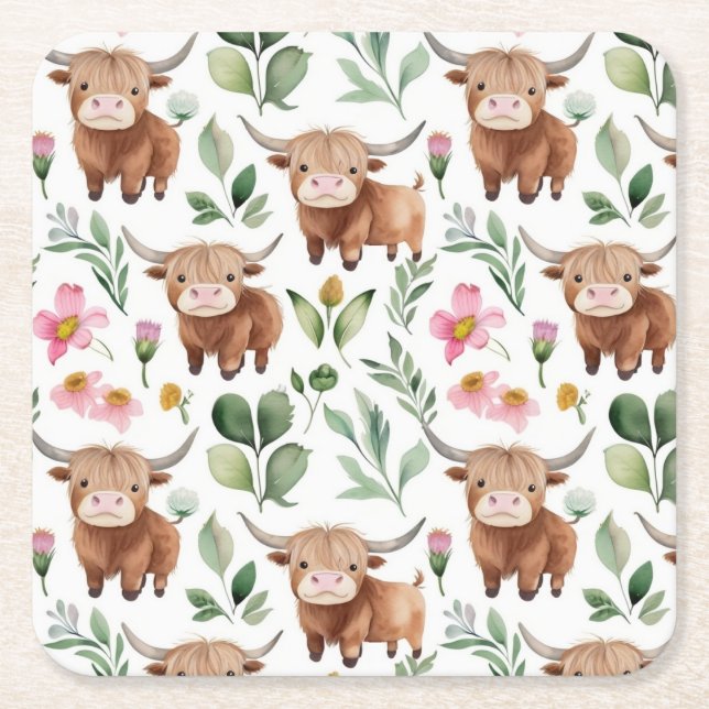 Cute Highland Cows & Pink Flowers Pattern Floral Square Paper Coaster (Front)