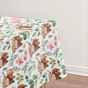 Cute Highland Cows & Pink Flowers Pattern Floral Tablecloth