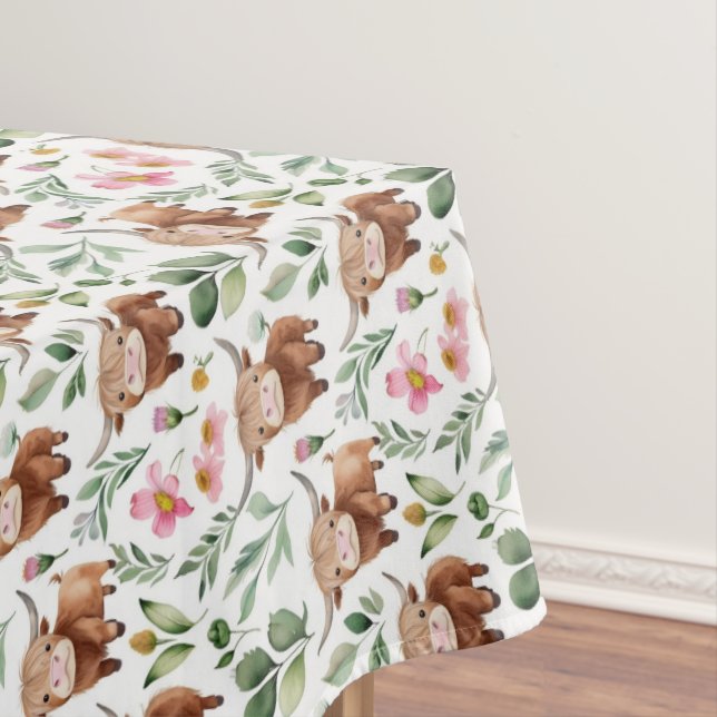 Cute Highland Cows & Pink Flowers Pattern Floral Tablecloth (In Situ)