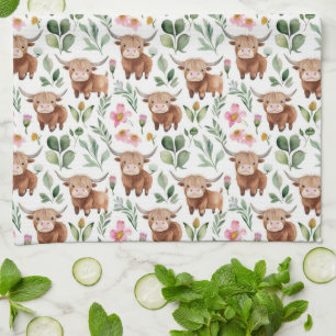 Cute Highland Cows & Pink Flowers Pattern Floral Tea Towel