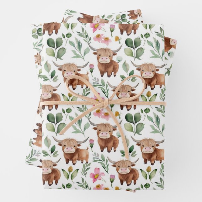 Cute Highland Cows & Pink Flowers Pattern Floral Wrapping Paper Sheet (In situ)