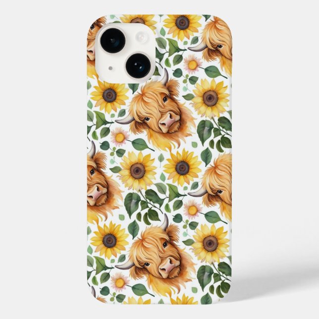 Cute Highland Cows & Yellow Sunflower Flowers Case-Mate iPhone Case (Back)