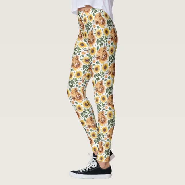 Cute Highland Cows & Yellow Sunflower Flowers Leggings (Left)