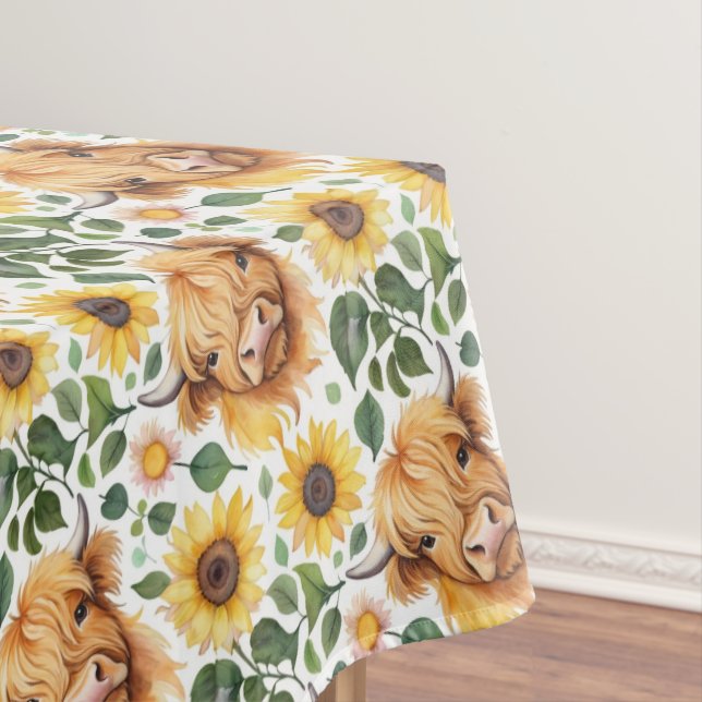 Cute Highland Cows & Yellow Sunflower Flowers Tablecloth (In Situ)