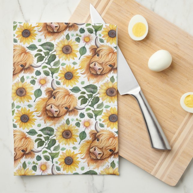 Cute Highland Cows & Yellow Sunflower Flowers Tea Towel (Quarter Fold)