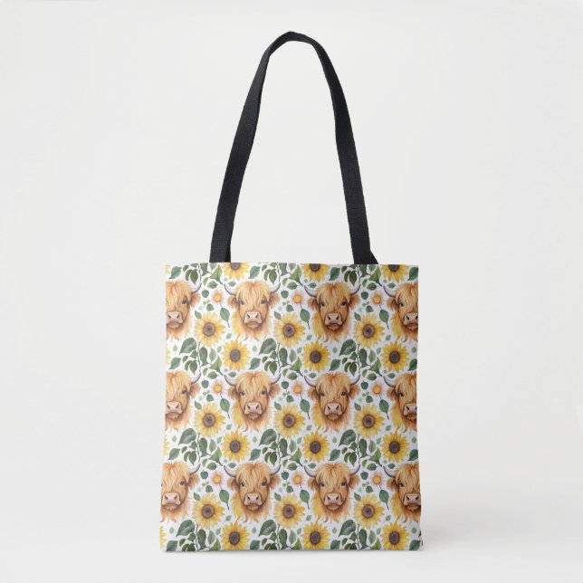 Cute Highland Cows & Yellow Sunflower Flowers Tote Bag (Front)