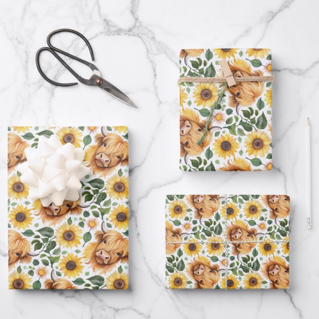 Cute Highland Cows & Yellow Sunflower Flowers Wrapping Paper Sheet (Front)