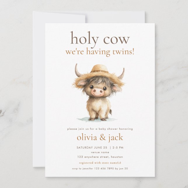 Cute Highland Holy Cow Havng Twins Invitation (Front)