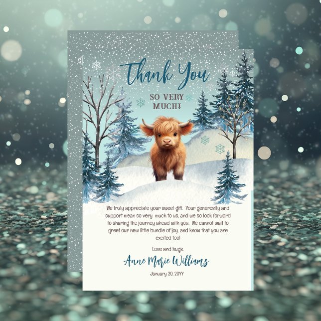 Cute Highland Holy Cow Winter Baby Shower Thank You Card (Cute Highland Calf Winter Woodland Thank You Card -- Holy Cow Series)