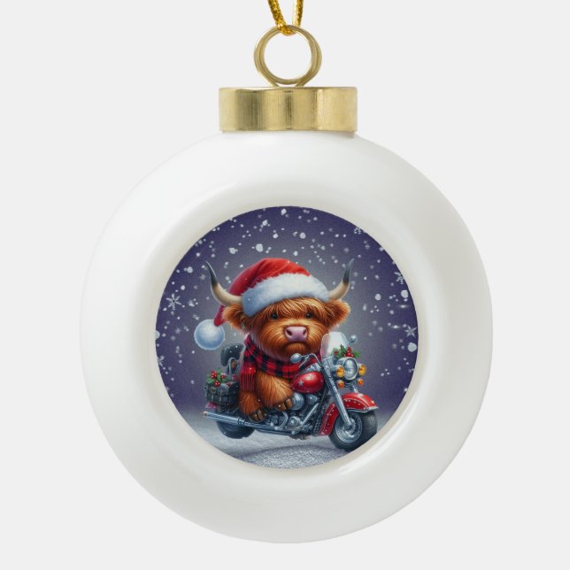 Cute Highland motor Christmas Cow  Ceramic Ball Christmas Ornament (Front)