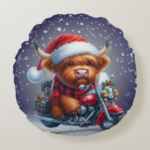 Cute Highland motor Christmas Cow Round Cushion