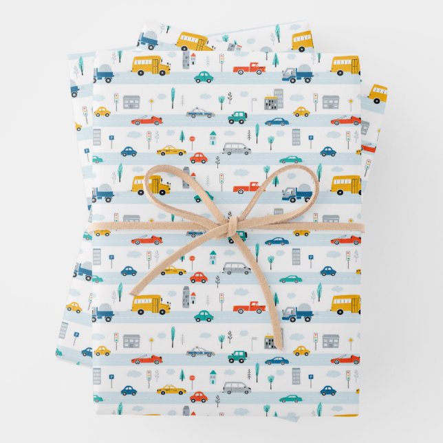 Cute Highway Vehicle Pattern Wrapping Paper Sheet (In situ)