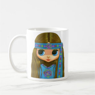 Cute Hippie Chick in Blue Big Eyes Peace Sign Coffee Mug