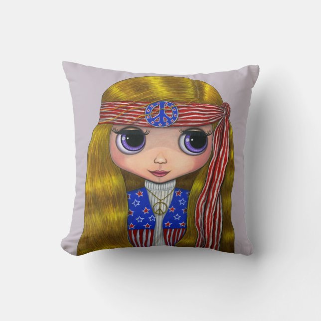 Cute Hippie Chick Peace Sign Headband Stars Stripe Cushion (Front)