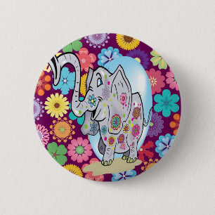 Cute Hippie Elephant with Colourful Flowers 6 Cm Round Badge