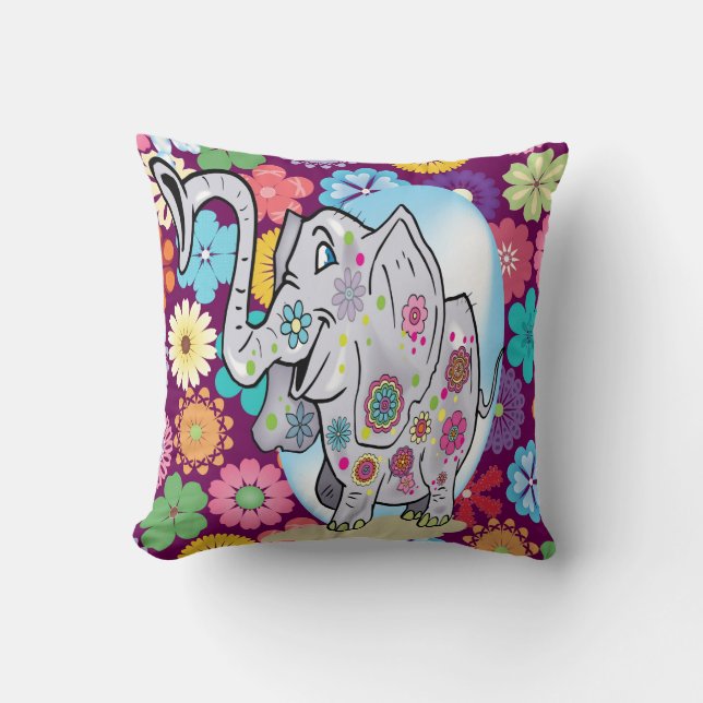 Cute Hippie Elephant with Colourful Flowers Cushion (Front)