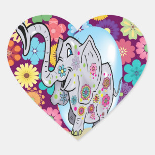 Cute Hippie Elephant with Colourful Flowers Heart Sticker