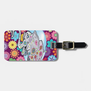 Cute Hippie Elephant with Colourful Flowers Luggage Tag