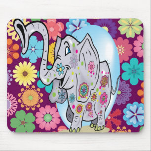 Cute Hippie Elephant with Colourful Flowers Mouse Mat