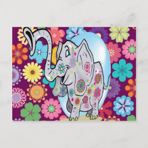 Cute Hippie Elephant with Colourful Flowers Postcard