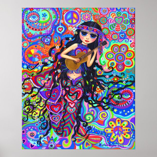 Cute Hippie Mermaid Girl Doll Guitar Poster (Front)