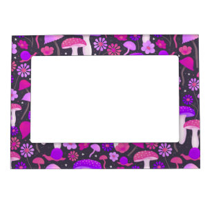 Cute Hippie Mushrooms Pattern Purple, Pink & Black Magnetic Frame