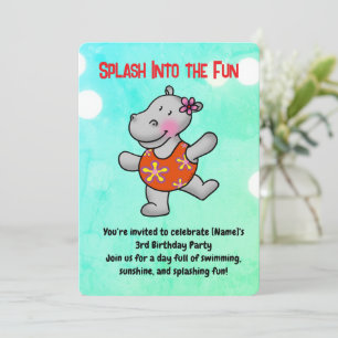 Cute Hippo 3rd Birthday Pool Party Invitation