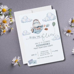 Cute Hippo,Aeroplane & Clouds,Blue First Birthday Invitation