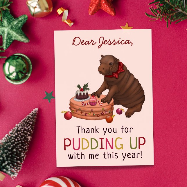 Cute Hippo and Pudding Funny Christmas Thank You Holiday Card (Creator Uploaded)