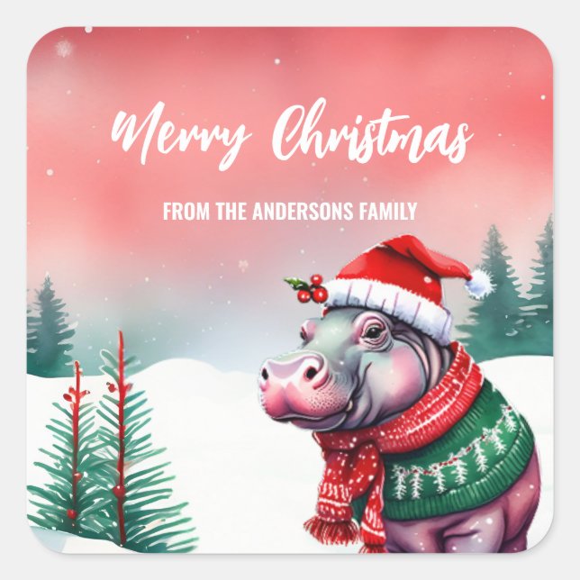 Cute HIPPO animal zoo Santa Christmas party kids Square Sticker (Front)