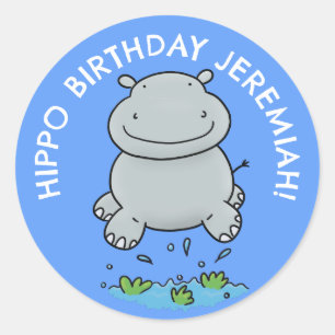 Cute hippo baby personalised cartoon birthday classic round sticker