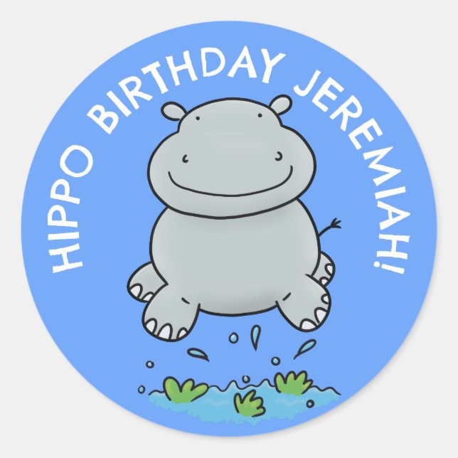 Cute hippo baby personalised cartoon birthday classic round sticker (Front)