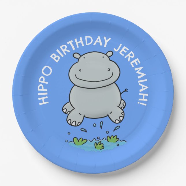 Cute hippo baby personalised cartoon birthday paper plate (Front)
