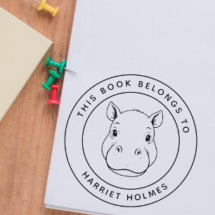 Cute Hippo Baby This Book Belongs To Kid's Name Rubber Stamp