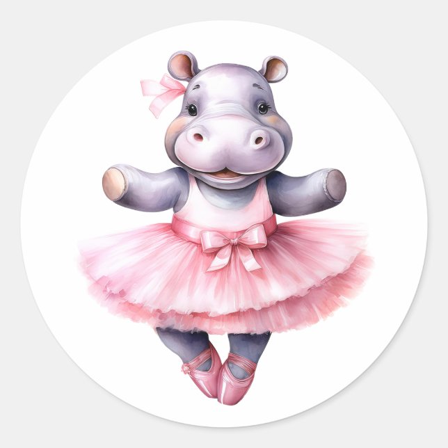 Cute hippo ballerina dancing ballet classic round sticker (Front)