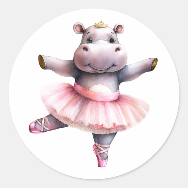 Cute hippo ballerina dancing ballet classic round sticker (Front)
