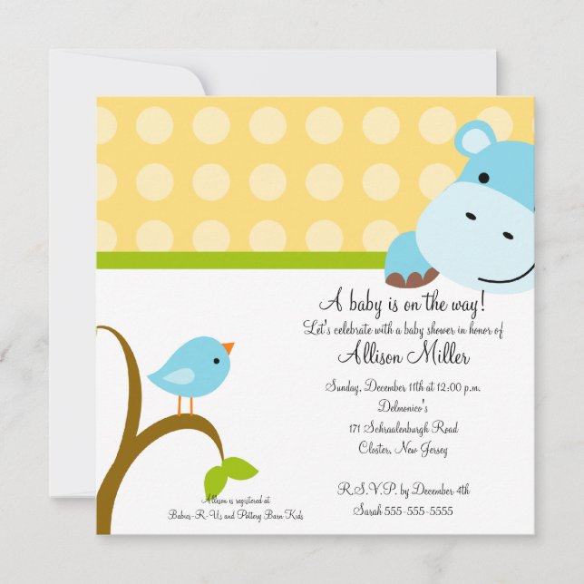 Cute Hippo & Birdie Baby Shower Invitation (Front)