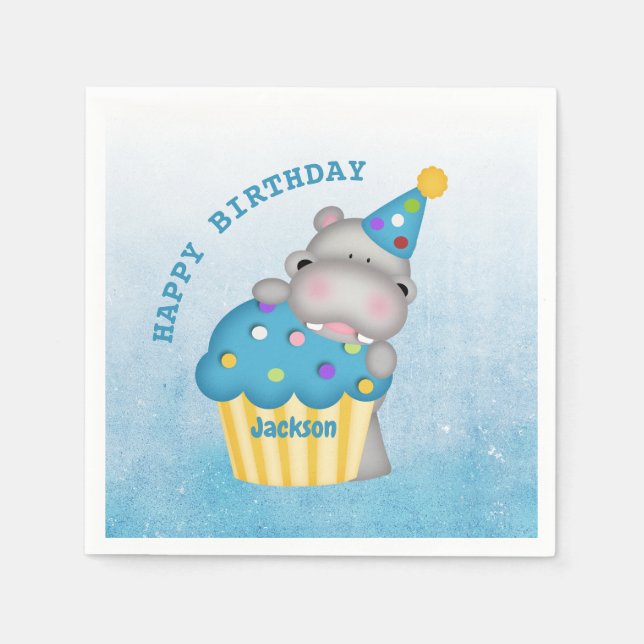 Cute Hippo Birthday Cupcake Napkins (Front)
