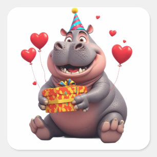 Cute Hippo Birthday Party With Gift 🎁 Square Sticker