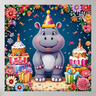 🎉 Cute Hippo Birthday Poster Cake Balloons Gift 