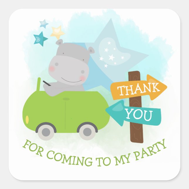 Cute Hippo Car Thank You Boy Birthday Square Sticker (Front)