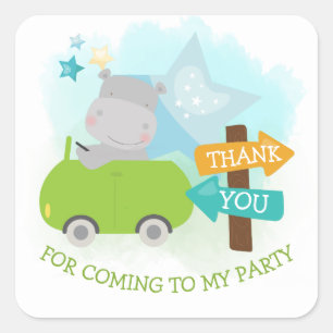 Cute Hippo Car Thank You Boy Birthday Square Sticker