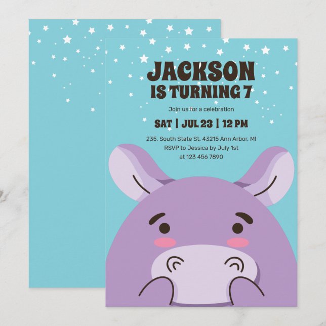 Cute Hippo Cartoon Animal Safari Kids Birthday Invitation (Front/Back)